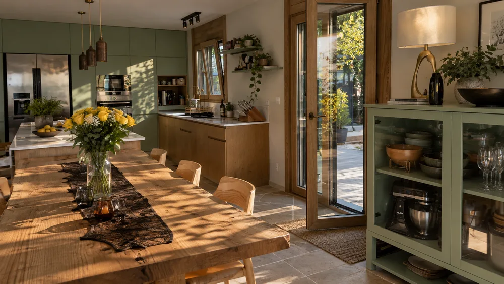 Kitchen and dining area of the finished villa, with the door to the terrace open