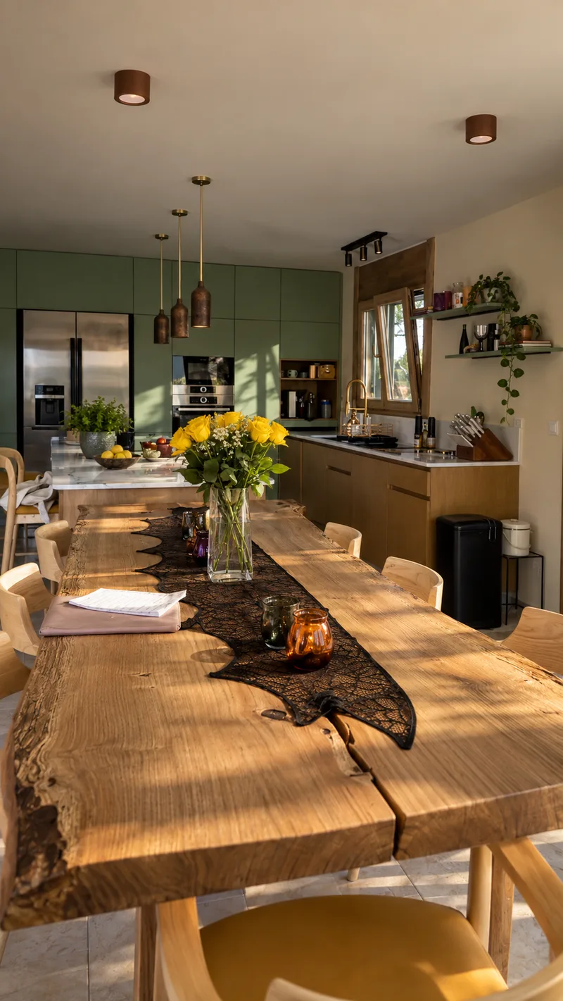 Live-edge oak dining table in front of the green kitchen