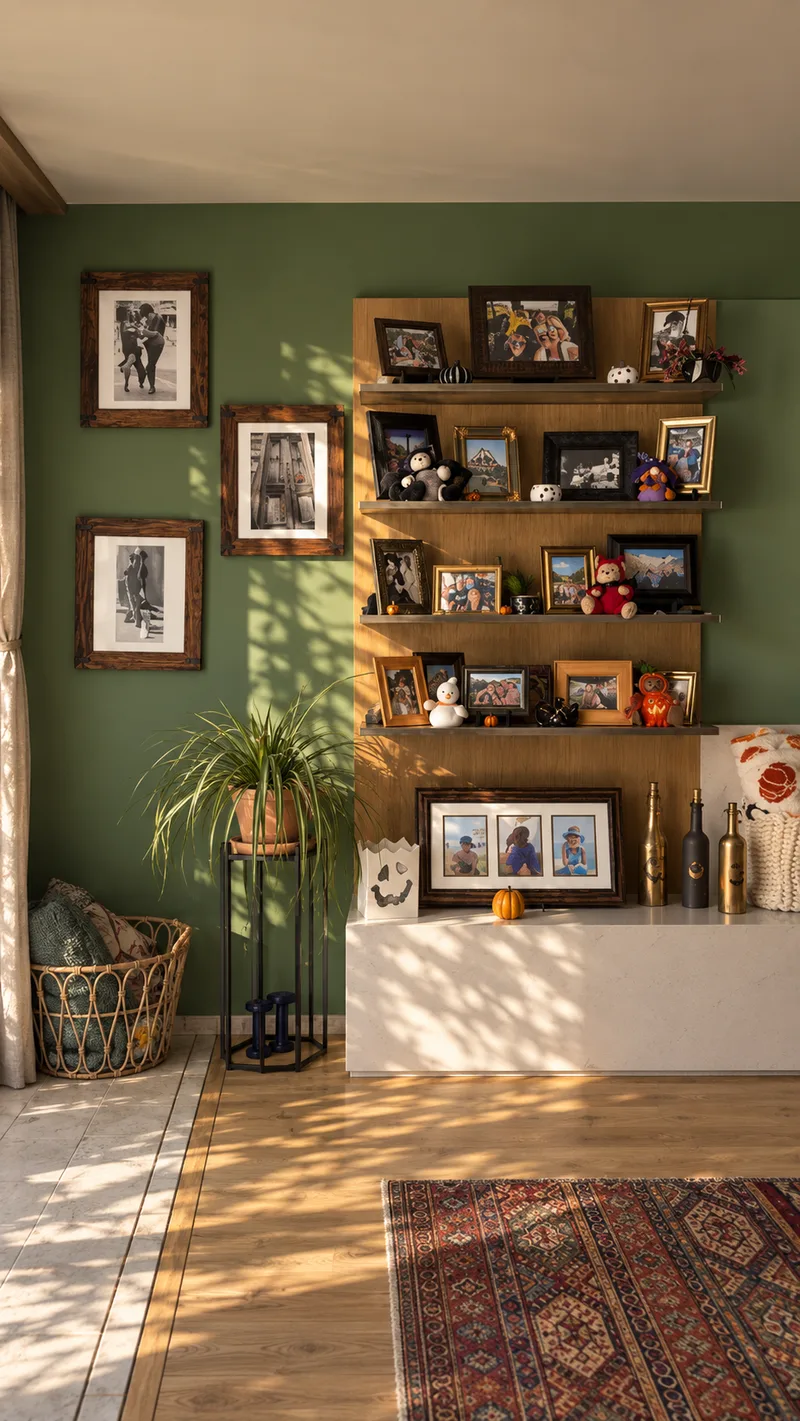 Shelving wall in the living room, filled with family photographs