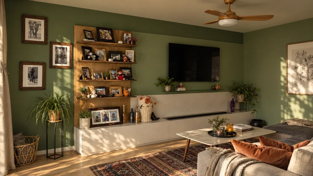 Living room of the finished villa with the media wall and shelving