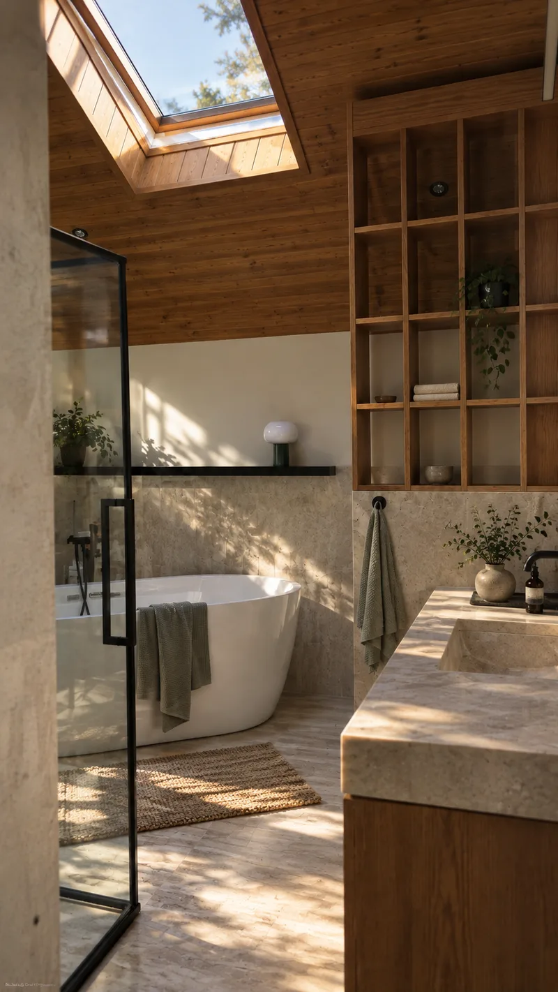 Attic bathroom with skylight, freestanding bath and stone vanity