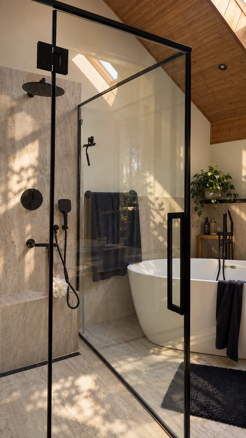 Walk-in shower and freestanding bath under the timber ceiling