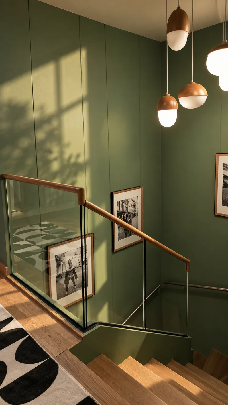 Staircase gallery wall with glass balustrade and oak handrail
