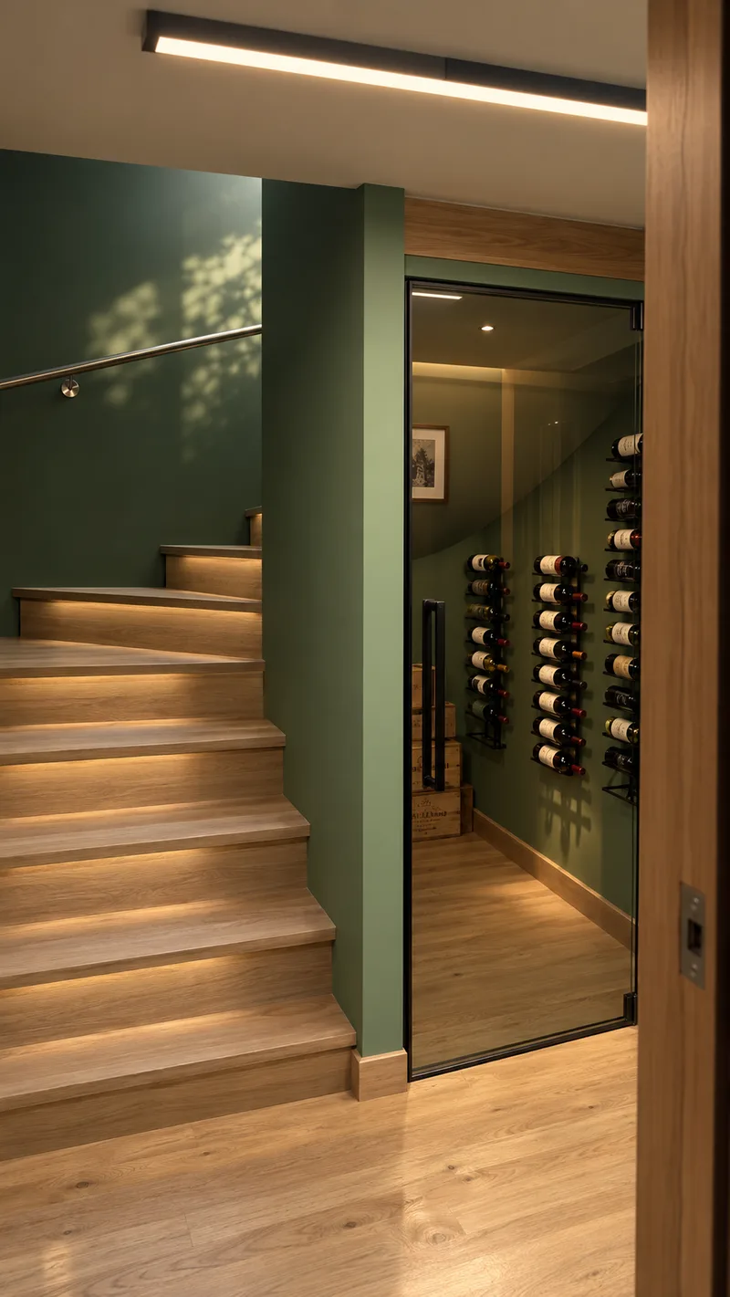 Wine room beside the lower flight of stairs