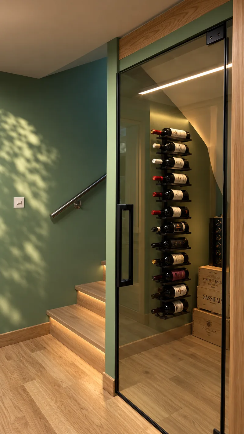 Glass-fronted wine room under the stairs